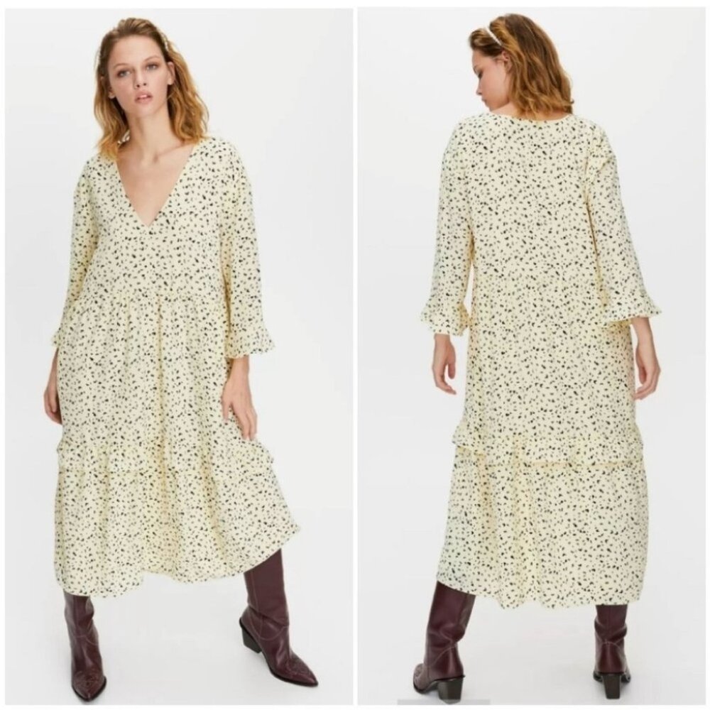 Little Moon pale butter yellow boho tiered ruffled maxi dress XS or S Aritzia